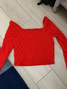 Maeve Bright Orangish/Red Textured Square Neck Crop Top